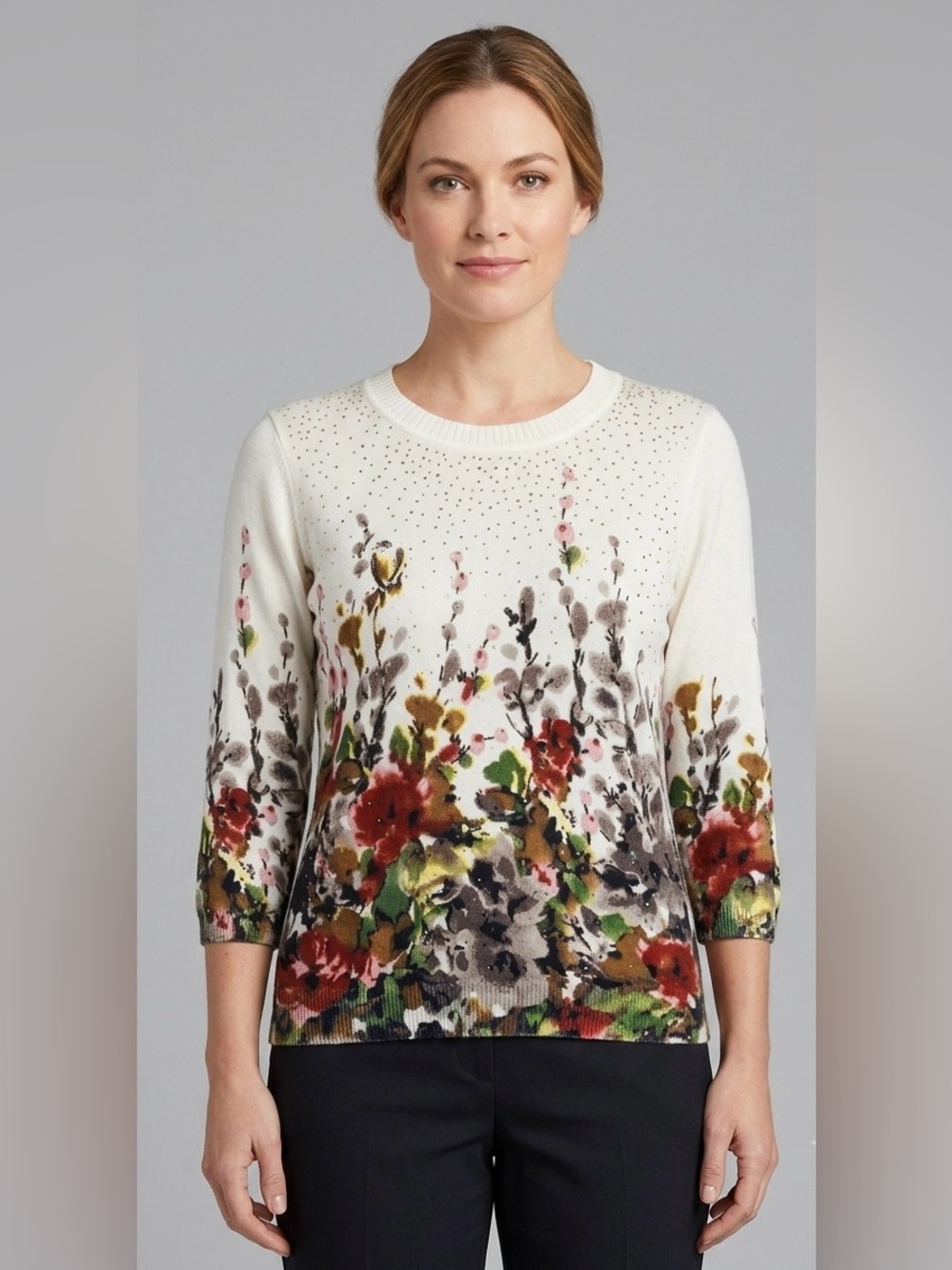 ⁠Rebecca Malone Petite‎ Floral Knit Sweater 3/4 Sleeve Rhinestone Embellished